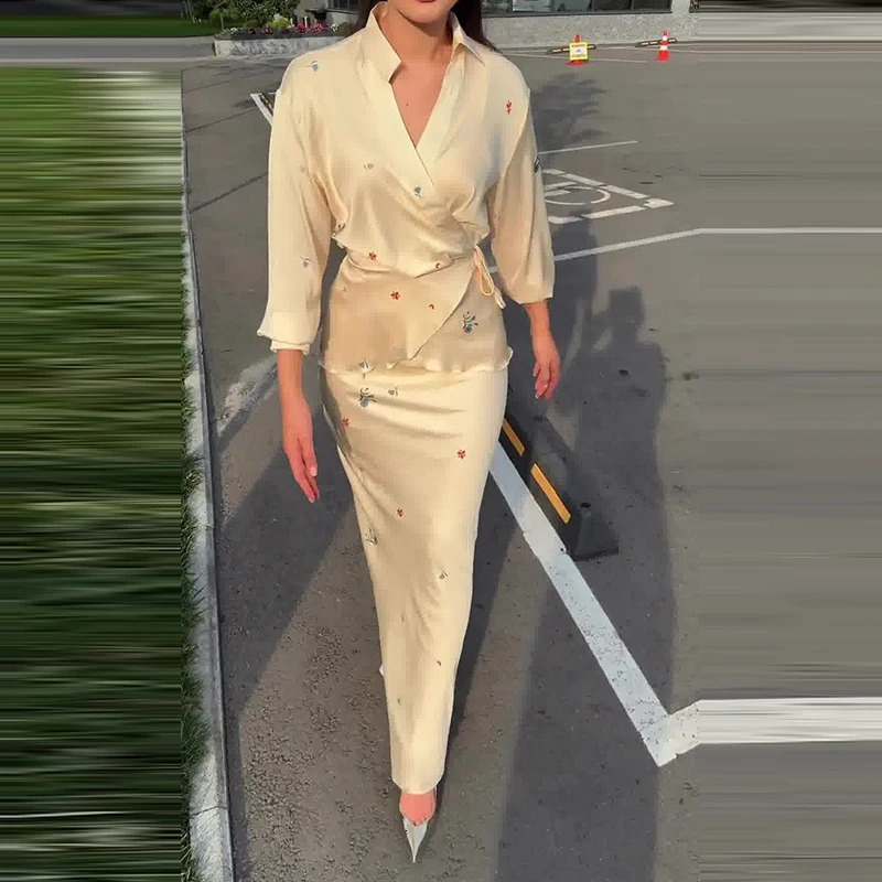 2025 Floral Print Two Piece Satin Set Women Lace-up Outfit Ladies Elegant Slim Lapel V-Neck Long Sleeve Blouse Long Skirts Suit 250818