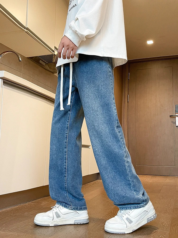 Mens Spring Summer Semi-Wide Leg Jeans Korean Fashion Washed Cotton Casual Denim Pants Black Blue Straight Trousers250813