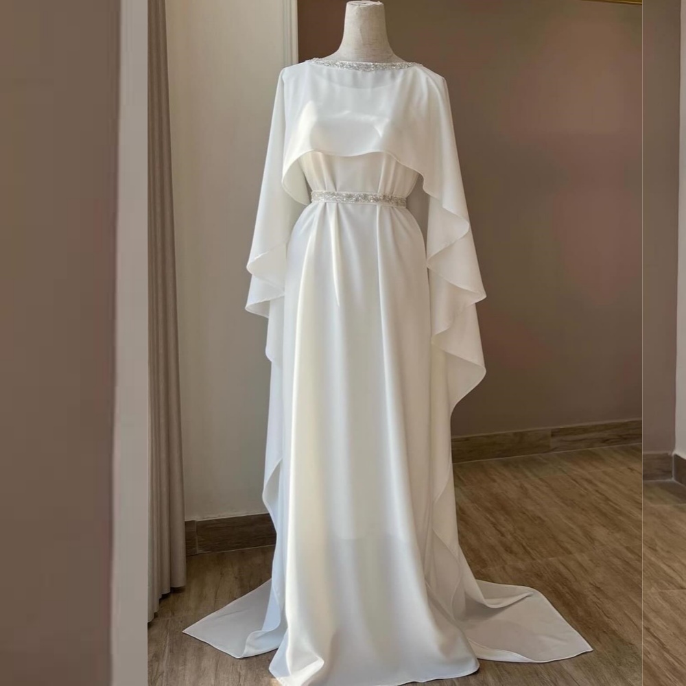 White Chiffon Sequined Beading Ruched Wedding Dresses O-Neck Long Sleeves Muslim A-line Bridal Gowns