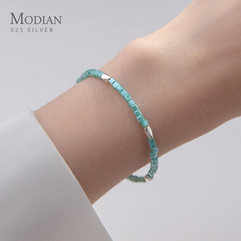 Modian Genuine 925 Sterling Silver Green Crystal Gift Square Adjustable Bracelet For Women Elegant Fine Party Jewelry 250815
