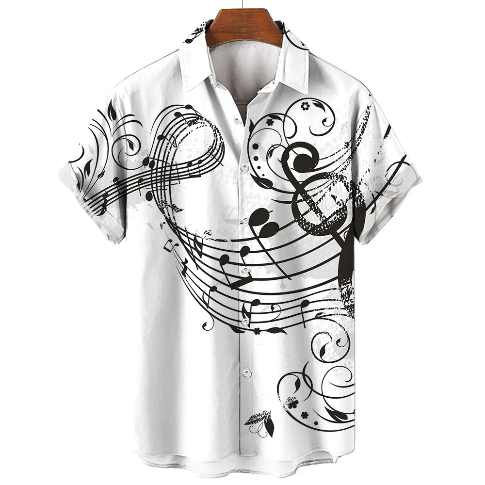 Mens Shirt 2023 Summer Fashion Hawaiian Short Sleeve Lapel Top Music Symbol Pattern Print Oversized Man Clothes 250808