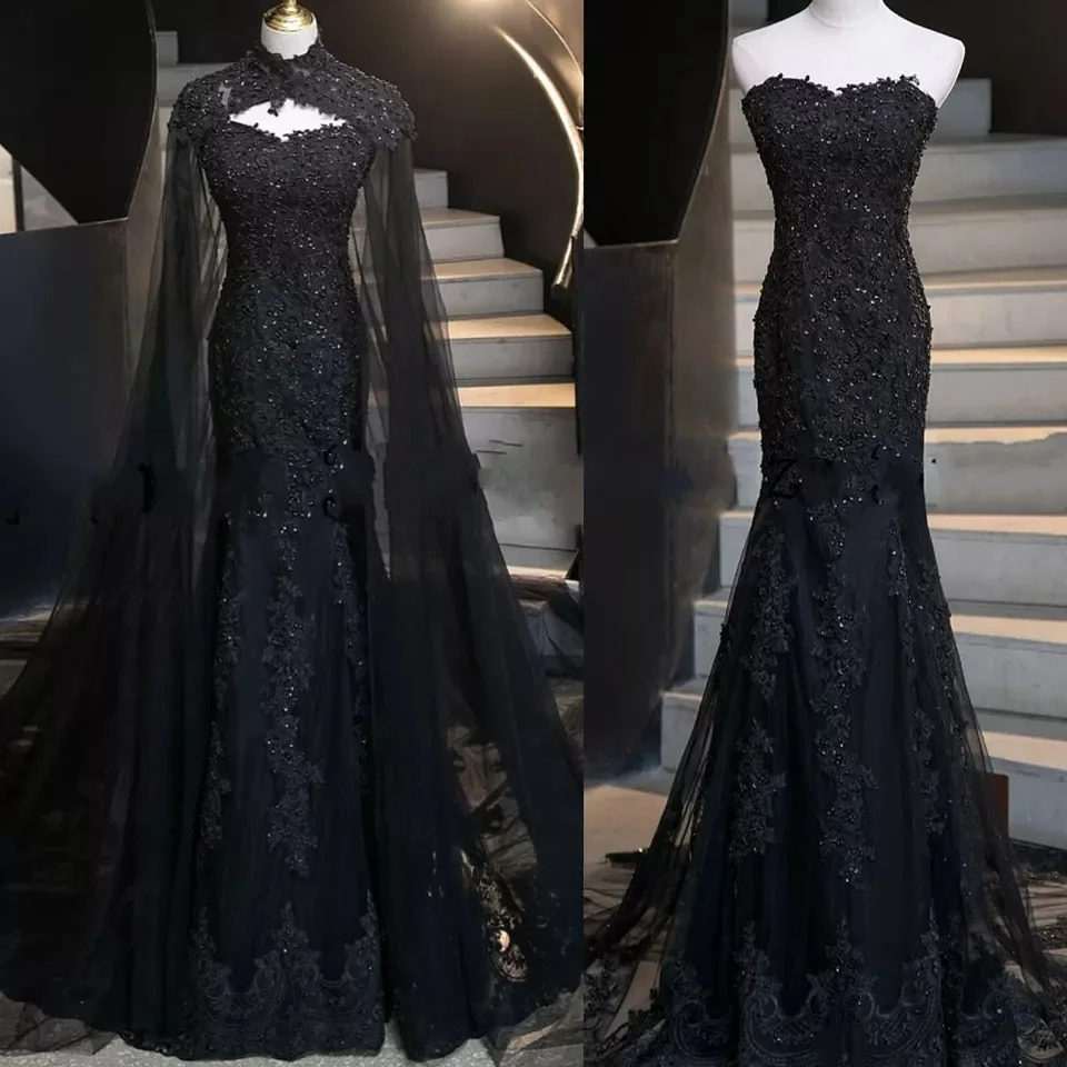 Black Gothic Mermaid Sweetheart Wedding Dress with Cape Lace Applique Vintage Long Bridal Gowns Sleeveless Floor Length Custom Made Color/Size