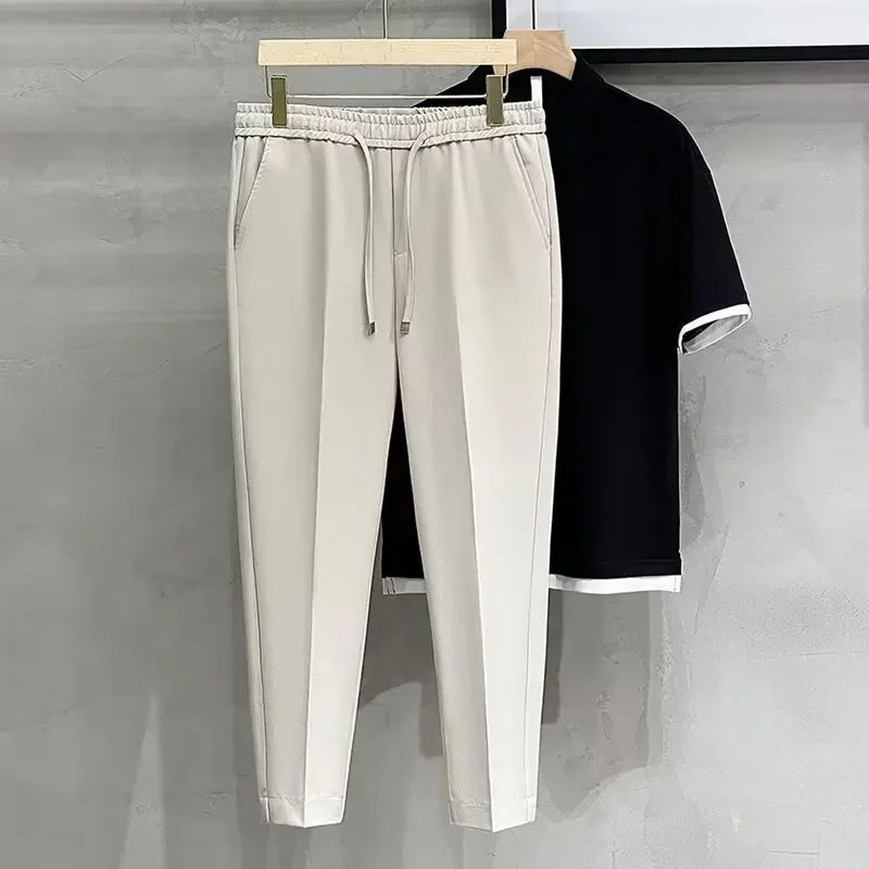 Casual Cropped Pants For Men Anti-wrinkle Korean Style Draped Suit Trousers Cone Shape Spring Summer Long Pants250819