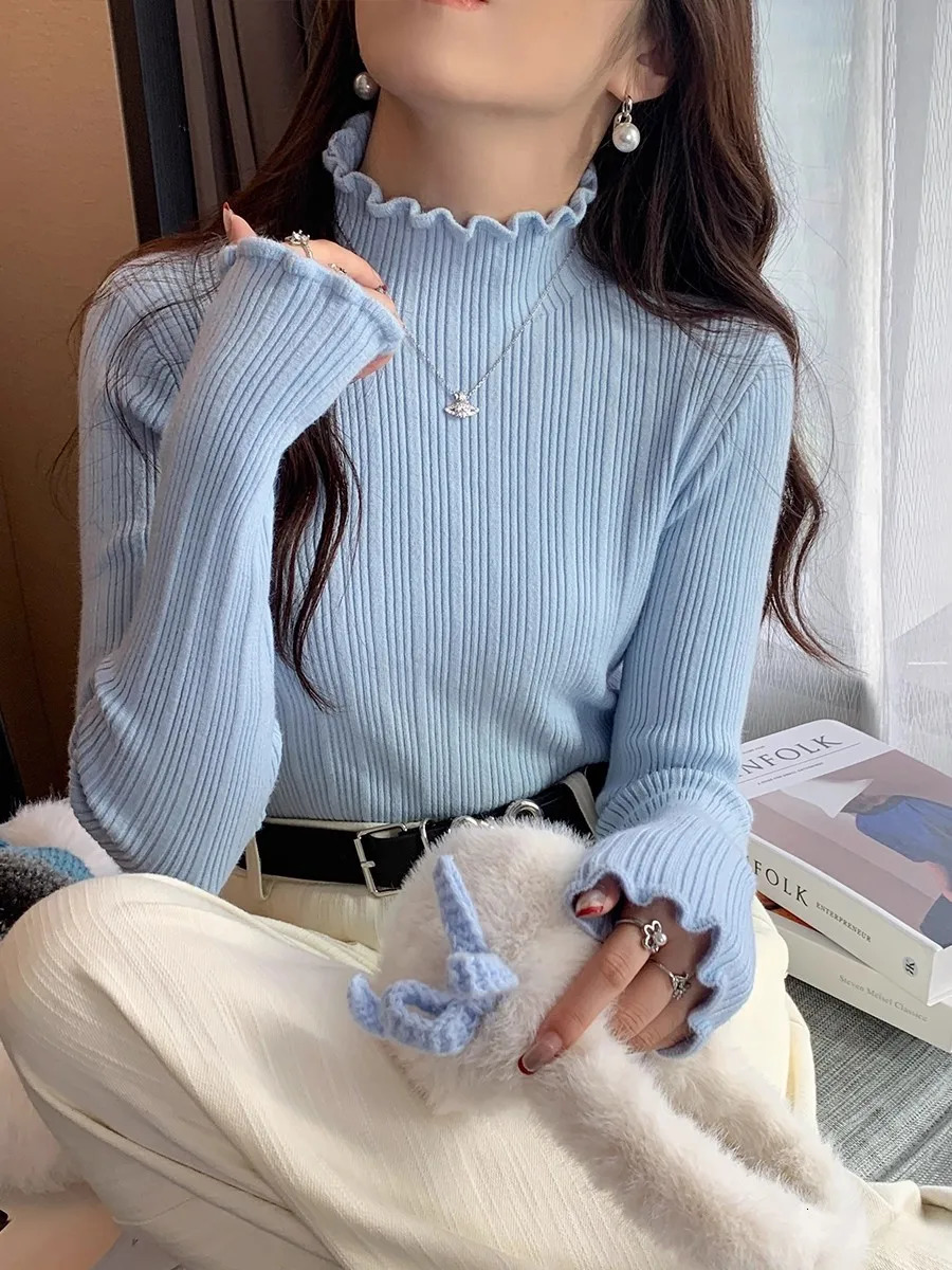 Elegant Solid Autumn Winter Sweater Women Turtleneck Tops Casual Slim Pullovers Korean Fashion Simple Chic Ruched Clothes 250818