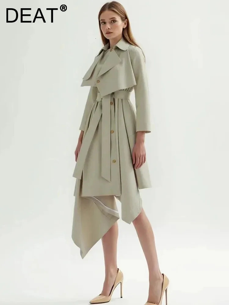 DEAT Fashion Khaki Deconstruction Trench Coat Womens Lapel Loose Single Breasted Sashes Irregular Windbreaker Autumn 250818