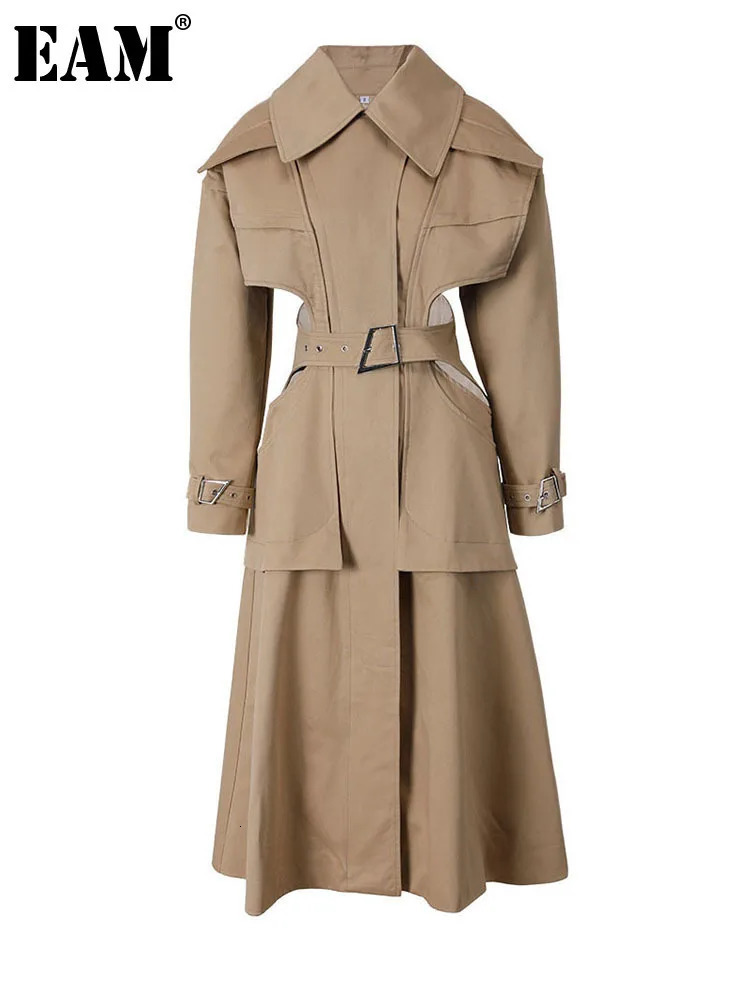 EAM Women Cut-out Big Size Camel Long Trench Lapel Long Sleeve Loose Fit Windbreaker Fashion Spring Autumn 2025 1DH058004 250818