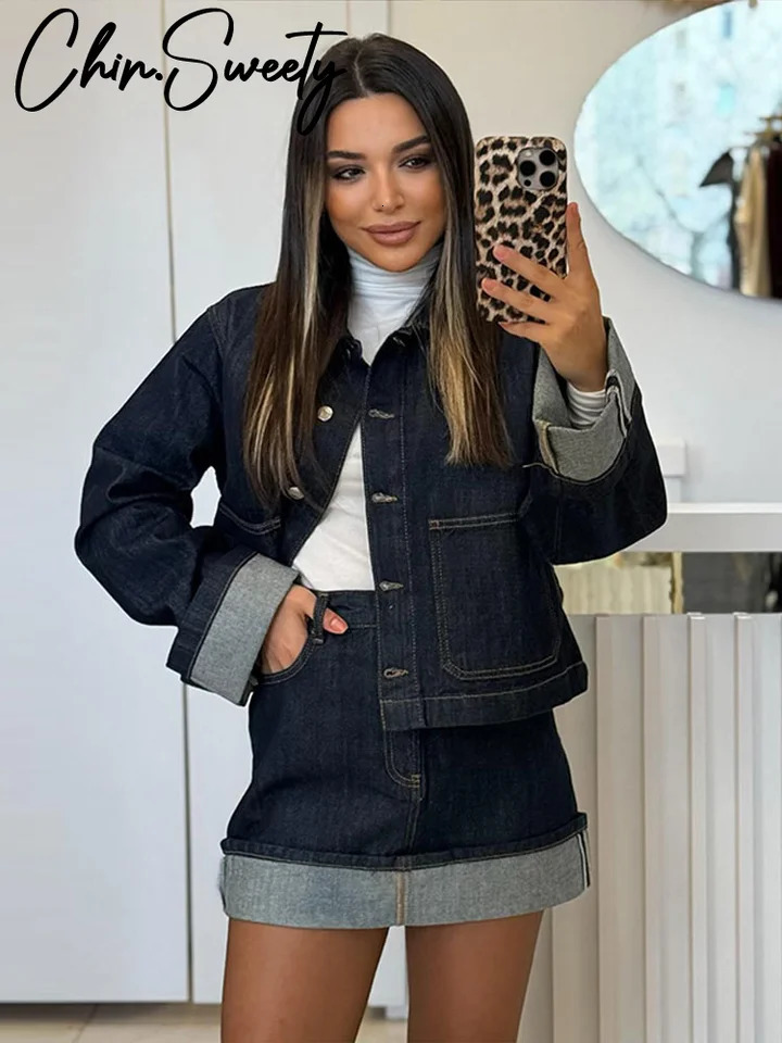 Joupe en jean Femmes Set Casual Long Sleeve Pocket Pocket Button Veste plissée Min Jirts 2025 AUTOMNE Lady Suit 250818