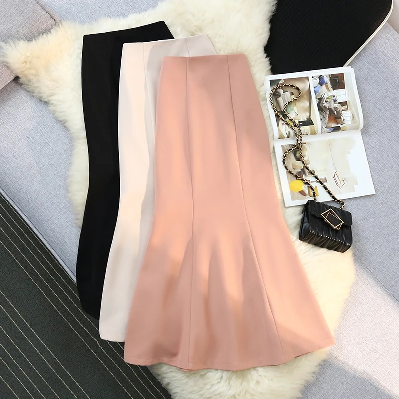 Seoulish Solid Color Mermaid Womens Skirts Spring Summer High Waist Vintage Office Lady Pencil Mid Female 250818