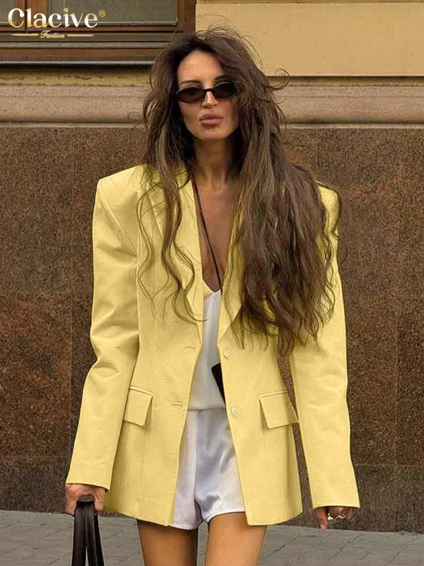Clacive Winter Loose Yellow Cotton Office Womens Blazer Fashion Lapel Long Sleeve Blazers Elegant Classic Top Female Clothing 250818