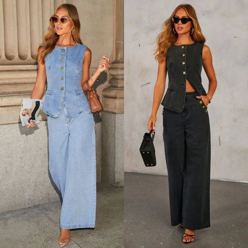 Fmxires 2025 Retro Suit Womens Summer Blue Sleeveless Denim Vest High Waisted Wide Leg Pants Two-piece Set Female Clothes 250818