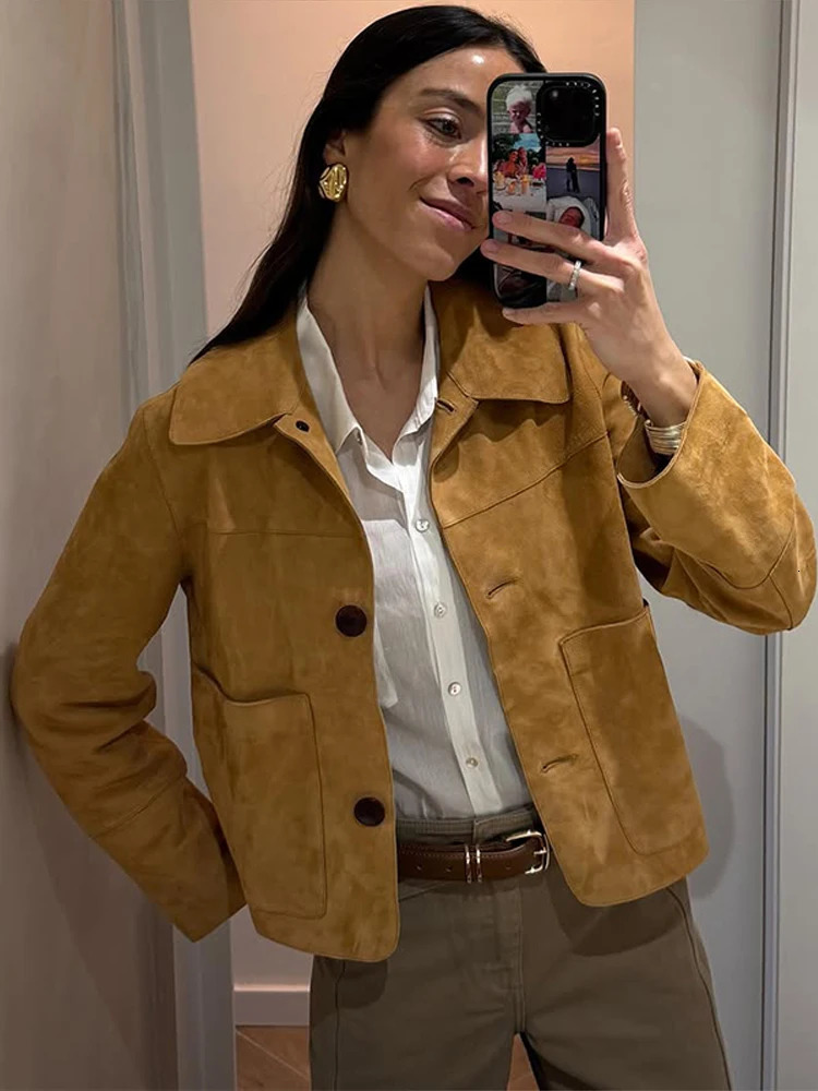 Casual Suede Jackets Women Street Vintage Loose Lapel Long Sleeves Pockets Coats Female 2025 Spring Fashion Chic Outwears Lady 250818