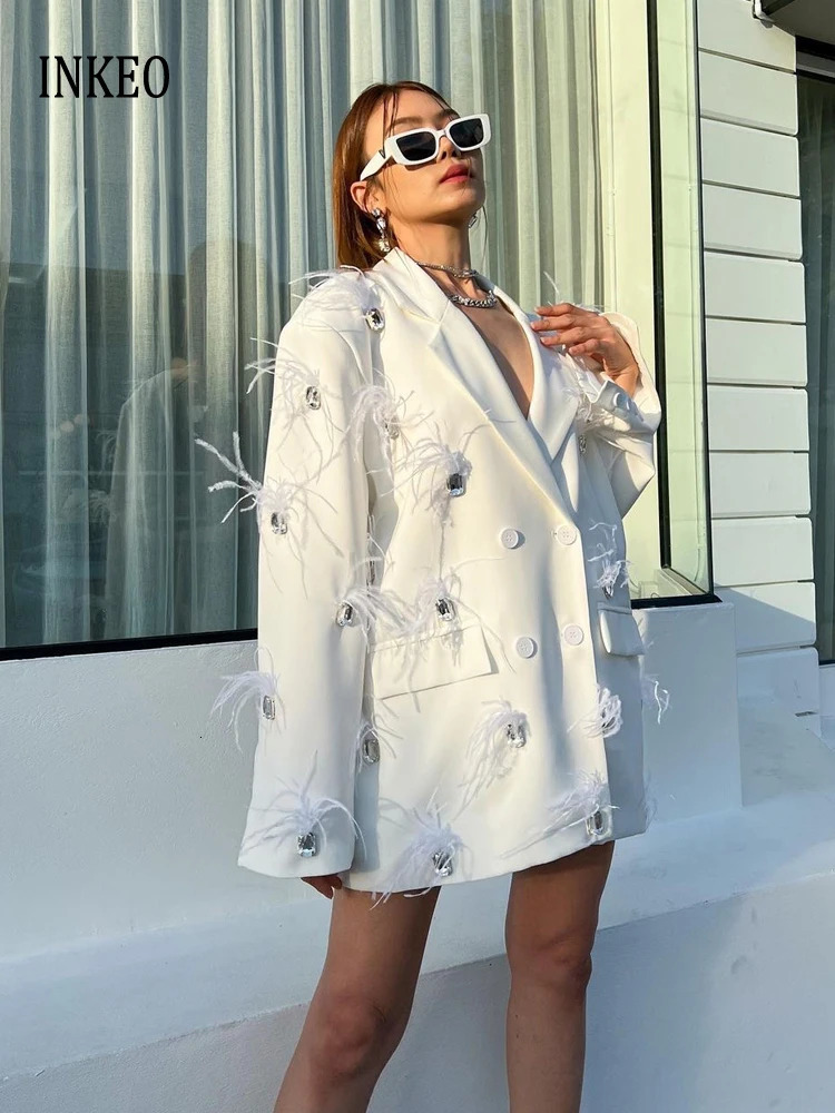 feather Faux diamond blazer Women 2025 Double breasted rhinestones jacket High quality Loose Lady suit INKEO 4O089 250818