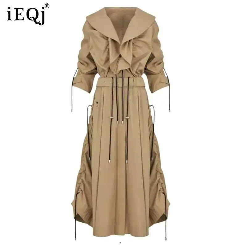 IEQJ Ruffled Collar Womens Long Trench Coat Sashes Solid Color Pleating V-Neck Full Sleeve 2025 Spring Coats Female 3WM4121 250818