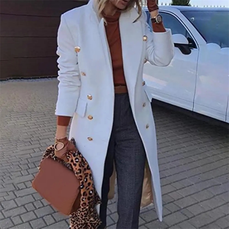 2025 Autumn Double Breasted Lapel Long Woolen Coats Elegant Slim Fit Pockets Long Sleeves Overcoat Ladies Street Outerwear 250818