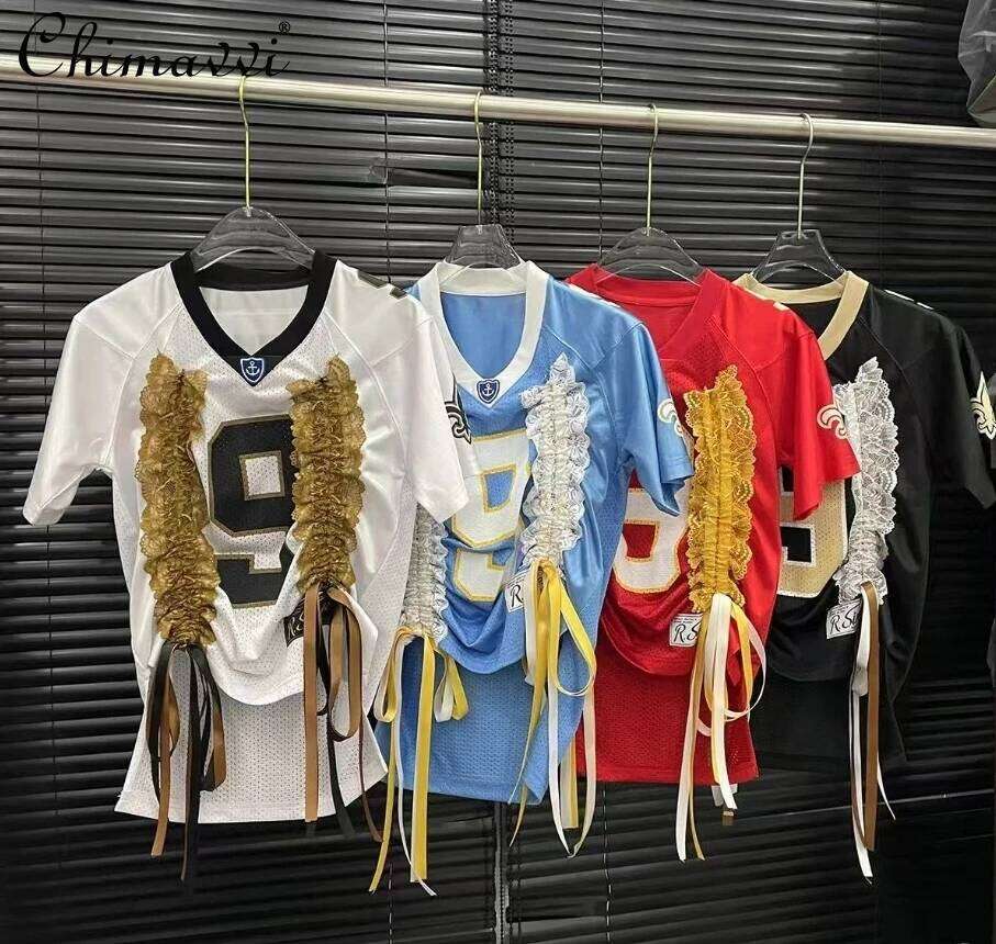 Summer Fashion V-Neck Mesh Ing Lace Drawstring Bow Short Sleeve Jersey T-Shirt For Women Cool Top Tees