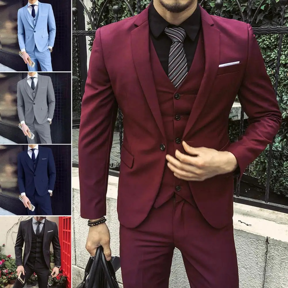 Men Three-piece Suit Elegant Mens Formal Business Suit Set with Slim Fit Coat Pants Vest Classic Groom Wedding Attire in Solid 250811