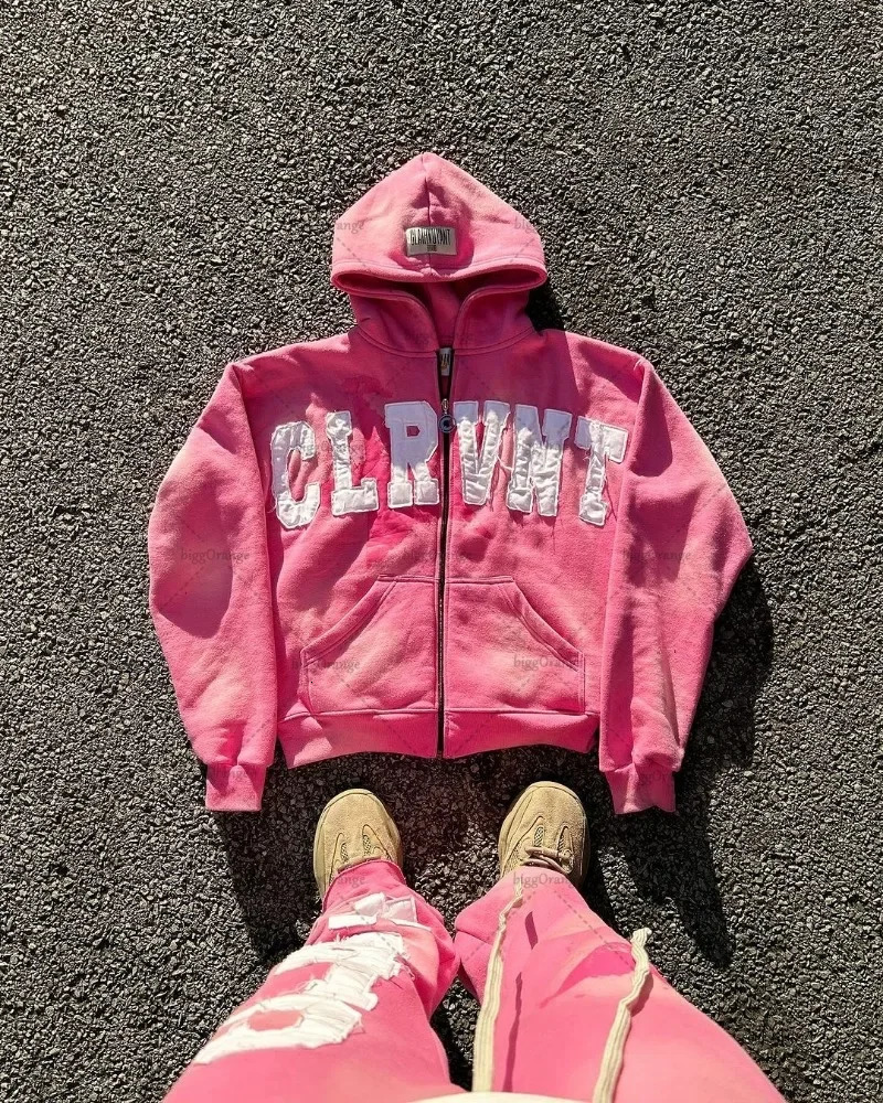 American High Street Hip-Hop Letter Patch Embroidery Oversized Pink Zipper Hoodie Womens Y2K Harajuku Gothic Couple Sweatshirt 250818