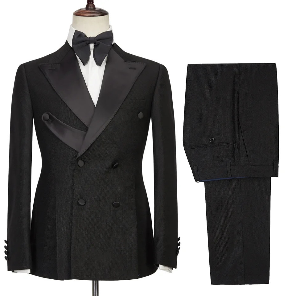 Mens suit double breasted tailor-made tuxedo dress black lapel groom suit pants evening party 250811