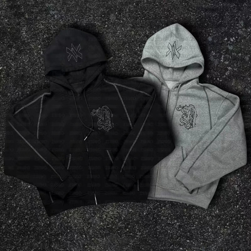 American Y2K Casual Zipper Hoodie Sweatpant Two Piece Set HipHop Oversized Embroidery Sweatshirts Men Women Pants 250818