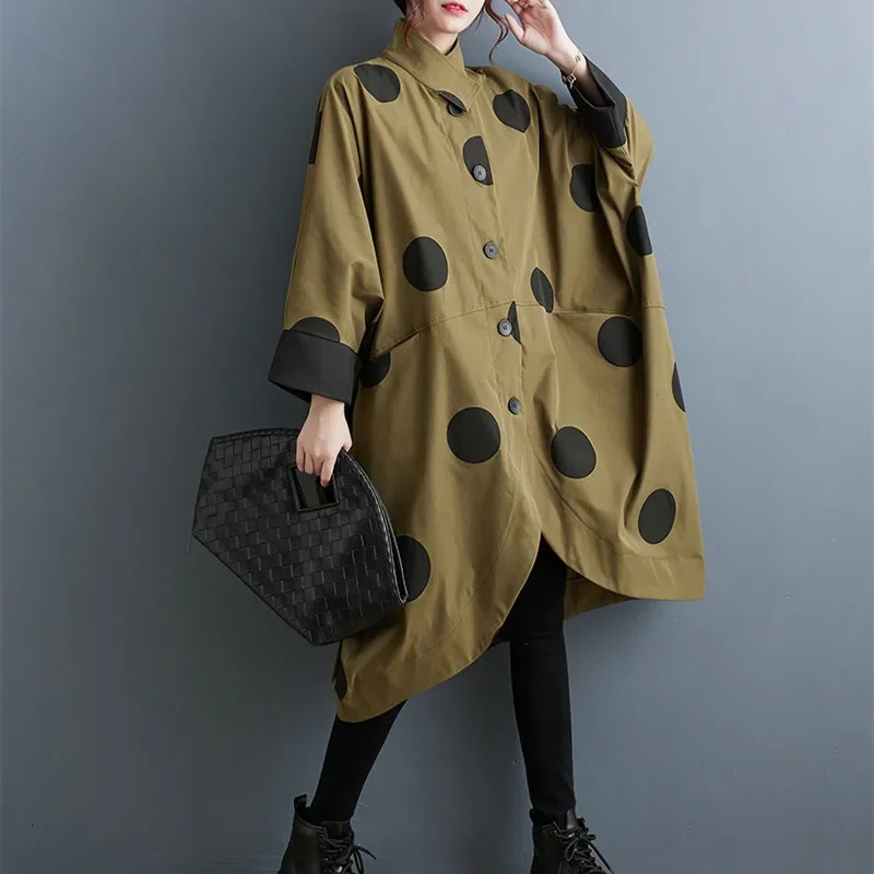 Oversized Polka Dot Trench Coat Women Vintage Autumn Loose Ladies Outwear Casual Trench Coats Fashion Woman Long Jacket Coat 250818