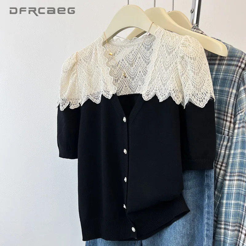 Patchwork Lace Womens Knitted Cardigan Shirt Clothes Summer HighStretch Short Sleeve Loose Ladies Tops 250818