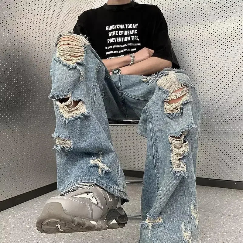 Vintage Distressed Straight-leg Jeans American Style Slimming Bell Bottoms Loose Fit High-waisted Summer Thin Version For Men250819