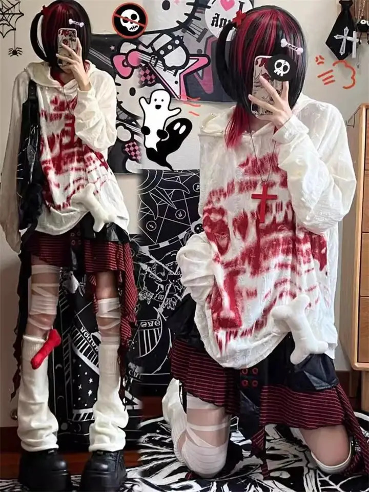 Automne Fashion Gothic Clothing Grunge Top Y2K Dark Punk Hole Chic conçu Sweat à capuche Imprimez le streetwear lâche Sweat à capuche surdimensio