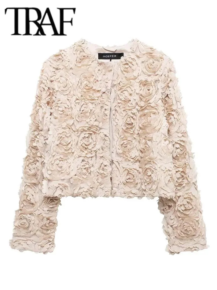 Autumn Women Jacket Short Casual Textured Flower Elegant Jackets Fashion Long Sleeve Streetwear Outerwear 250818