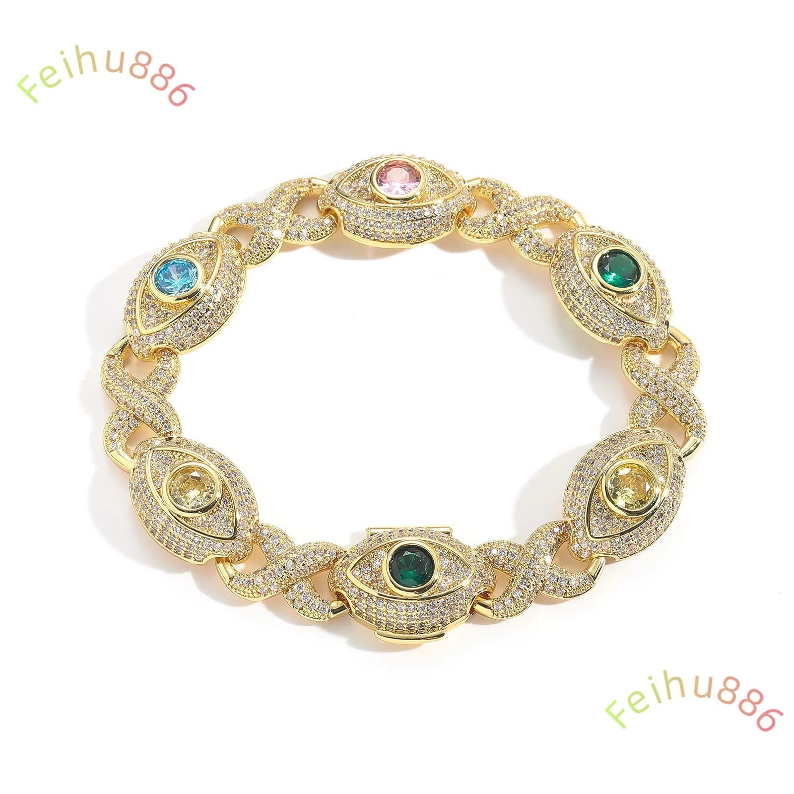 2025 new Fashion 18K Gold Plated Colorful Iced Moissanite Hip Hop Eye Cuban Chain Bracelet 925 silver Jewelry for Anniversary Gift