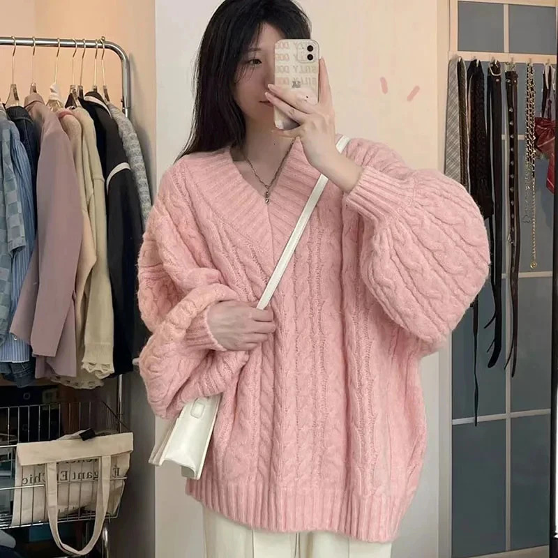 Autumn Winter Women Sweater Harajuku Oversized Knitted Pullovers Korean Long Sleeve V Neck Knitwear Preppy Solid Loose Jumper 250902BJ