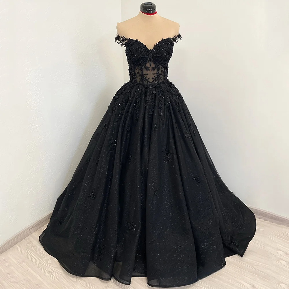 Sexy Black Wedding Dress Beads Applqiue V Neck Off Shoulder Glitter Tulle Lace-up Back Gothic Bridal for Bride Custom Made Color/Size