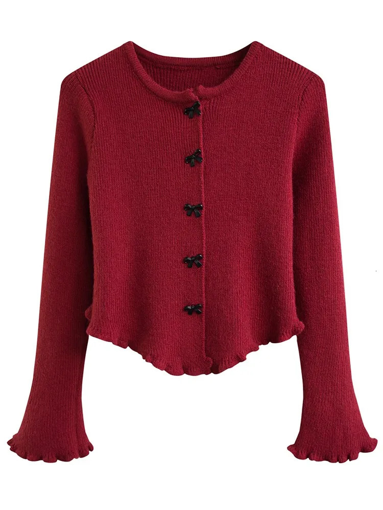 Womens V Neck Button Knit Tops Ruched Long Sleeve Cropped Cardigan Lady Autumn Winter Knitted Singlebreasted Sweaters 250818