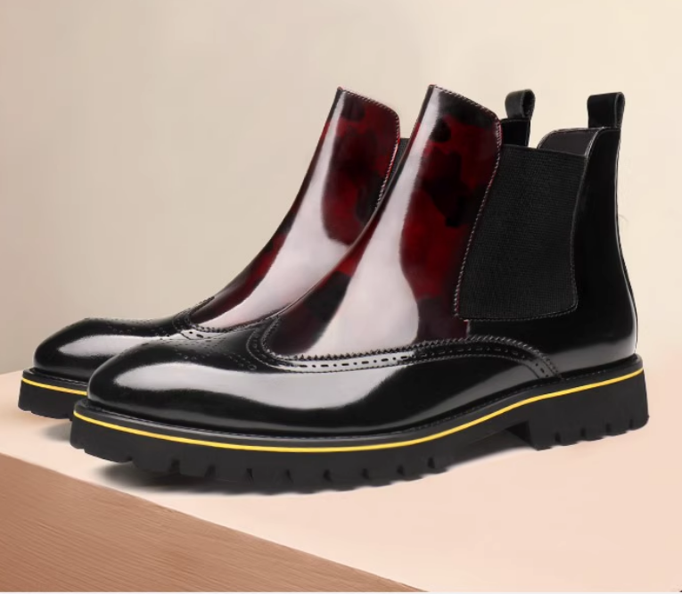 New Brock Carved, Chelsea Boots Men, Genuine Leather British High Top Leather Shoes, Fleece Warm Cowhide Short Boots