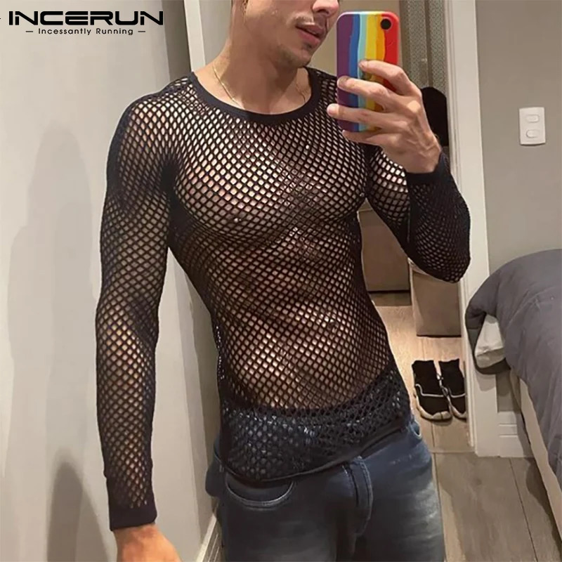 INCERUN 2024 Men T Shirt Mesh Transparent O-neck Long Sleeve T-shirts Sexy Streetwear Fashion Party Nightclub Men Clothing S-5XL250819
