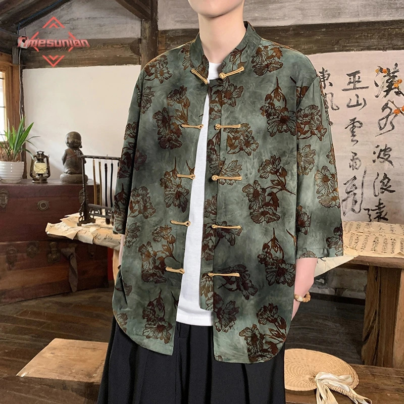 Tang Style Summer Ice Silk Shirts for Man Short Sleeved Tshirt Buckle Beach Chinese Printed Dragon Pattern Shirt 250808