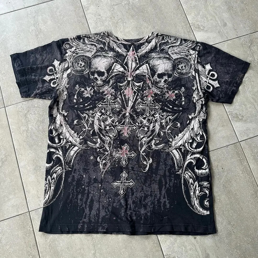 Dark skull printed T-shirts for men and women American retro summer Y2K Harajuku Gothic Joker cotton couple tops250819