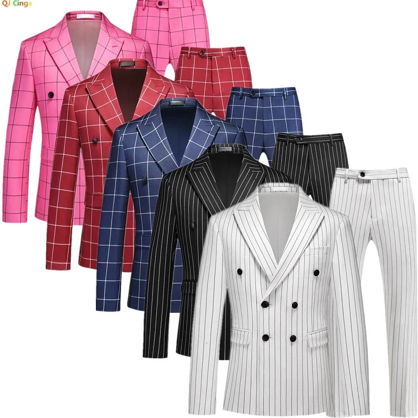 Vertical Stripe Mens Suit Two PieceDouble Breasted Slim Fit Dress Coat With TrousersWedding Party Jacket With Pants M-6XL 250811