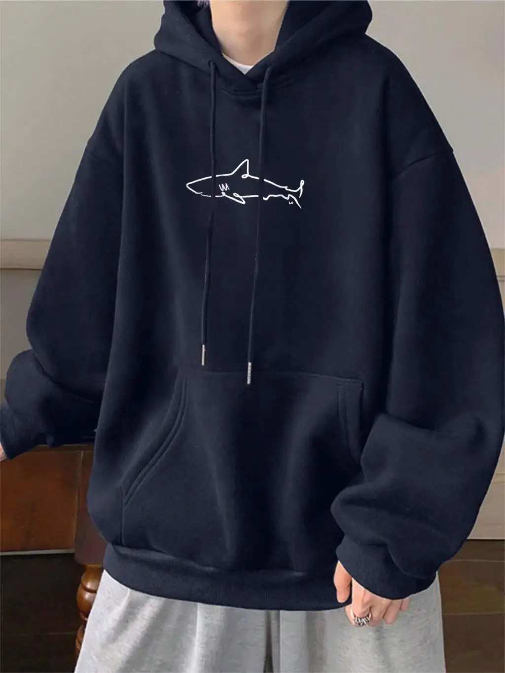 Simple Shark Printing Hoodie For Men Kangaroo Pocket Drawstring Pullovers Thermal Fleece Warm Sweatshirts Autumn Casual Clothes 250818