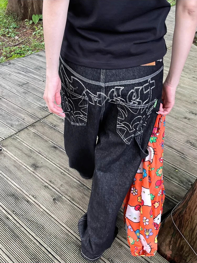 Y2K Broidered Black Wide Jams Jeans Femmes American rétro Retro Casual Loose Denim Pantalon Streetwear 2025 High Waist Baggy Traflers250819