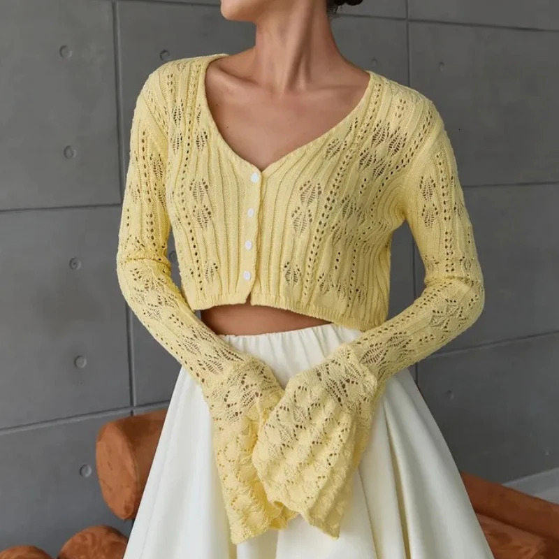 Womens Summer Knit Long Sleeve VNeck Cardigan Solid Color Bodycon Hollow Out Slim Fit Party Club Top for Vacation 250818