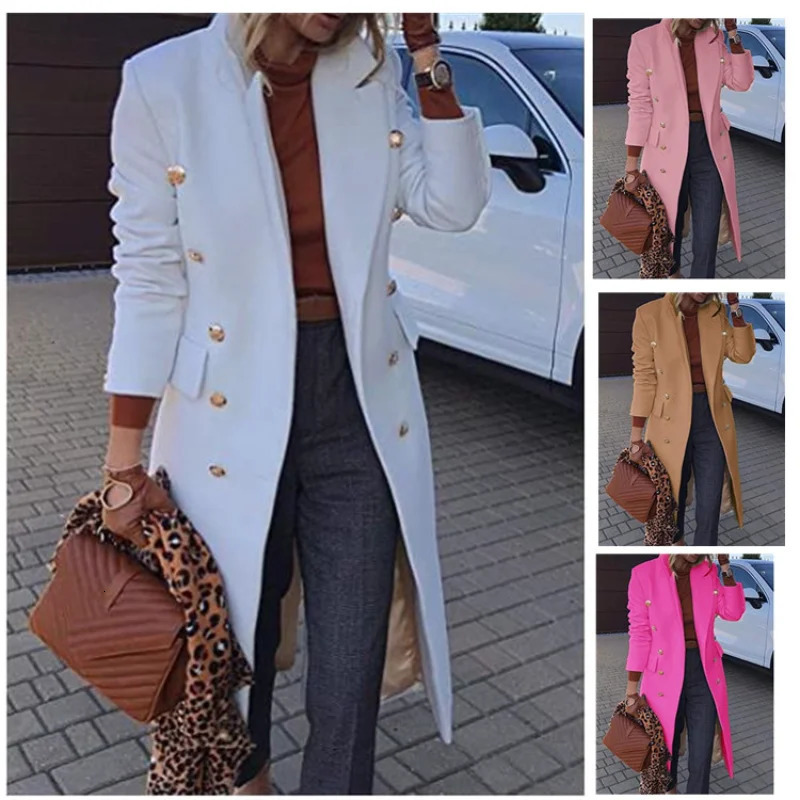 Woolen Coat Women Spring Autumn Fashion Long Slim Lapel Long Sleeve Blends Jacket Female Clothing White Rose Red Khaki Coats 250818