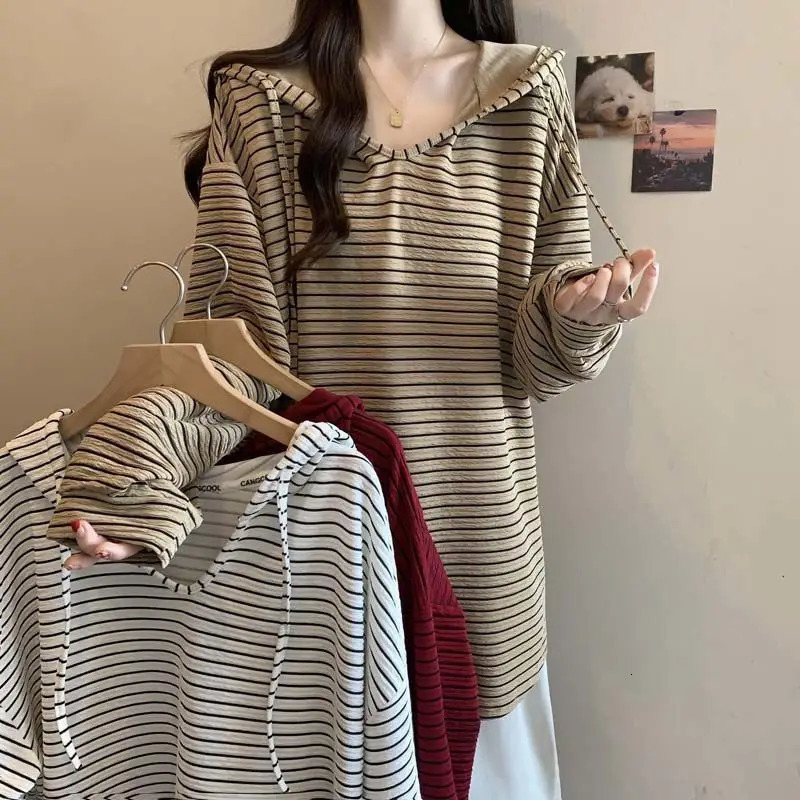 Oversized Korean Women Clothing Striped Hooded Sweatshirts Female Casual Drawstring Long Sleeve TShirts Autumn Allmatch Tops 250813