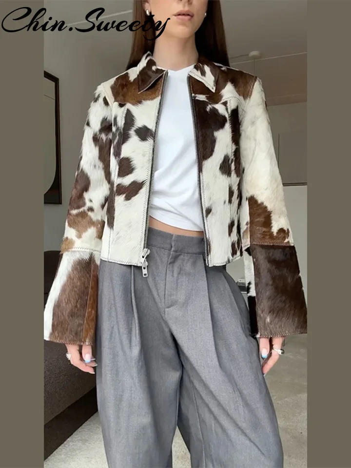 Street Leopard Women Short Jacket Elegant Lapel Zippers Long Flare Sleeve Female Outwear Autumn Fashion Lady Streetwear 250818