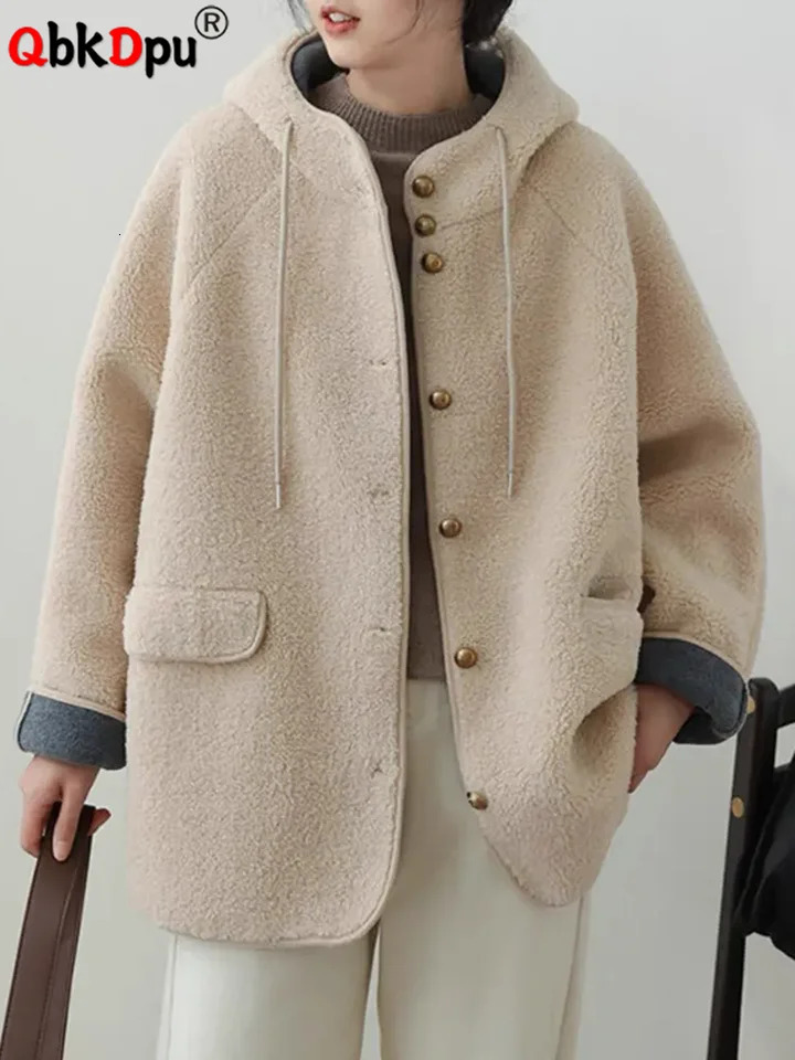 Women Hooded Loose Lamb Wool Jackets Korean Casual Single Breasted Thick Unlined Coats Tops Winter Warm Long Sleeve Abrigos 250818