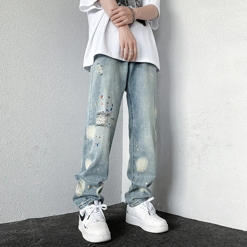 Hommes éclaboussants encre ennres jeans bouffés de mode hip hop graffiti au pantalon denim à jambe droite Y2K Streetwear Jean 250818