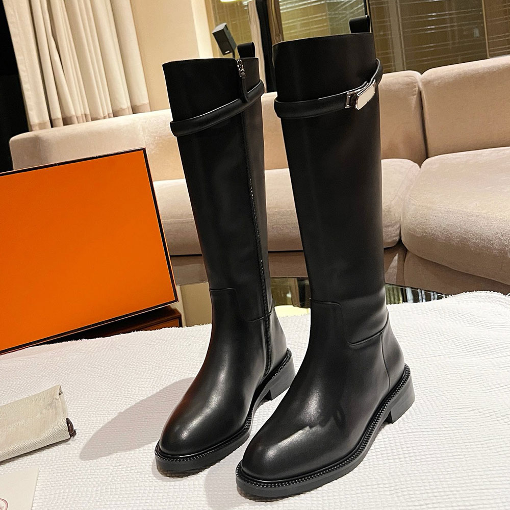 Jumping boot womens designer boots boots women knee high Boot in Box calfskin Natural leather sole Natural calfskin insole and lining Black leather