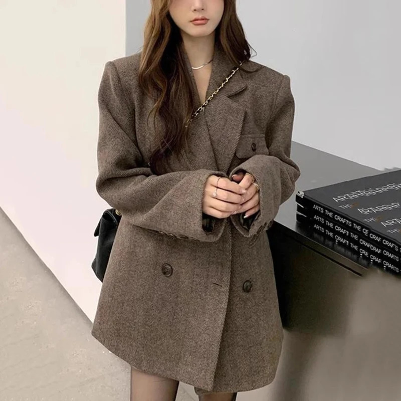 Vintage Brown Faux Fur Blazers Women Autumn Winter Thick Warm Loose Streetwear Coats Y2K Korean Chic Double Breasted Outerwear 250818