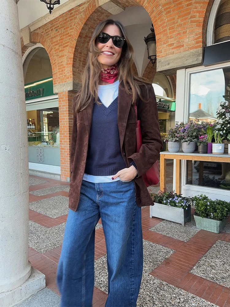 Vintage Womens Suede Bomber Jackets Fashion Lapel Zipper Full Sleeve Pocket Coats Loose Spring Lady Elegant Casual Outwear 250818