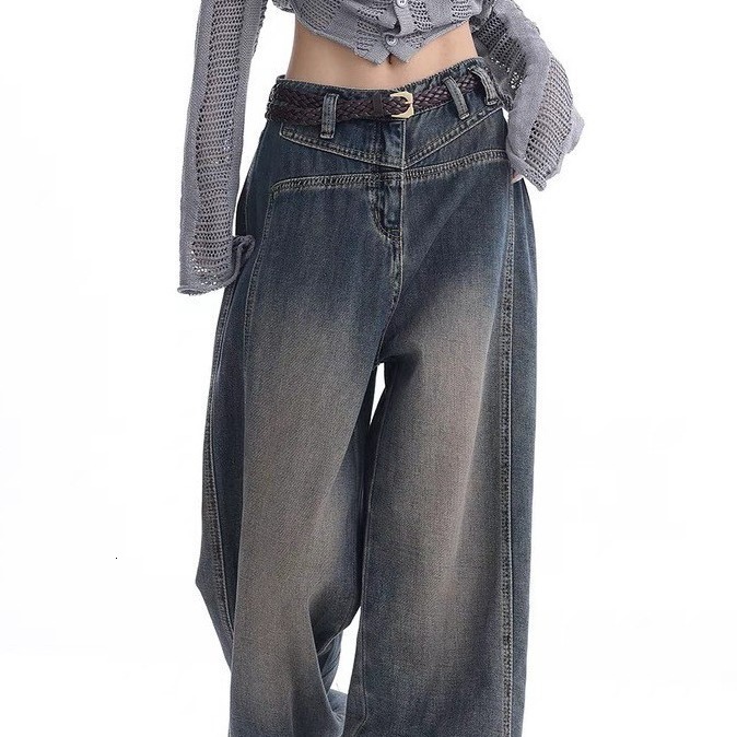 Déscripteur en livraison gratuite Jeans de jambes larges et réduites à la jambe large, 2025 Nouvelle taille moyenne à la taille à la mode à la mo