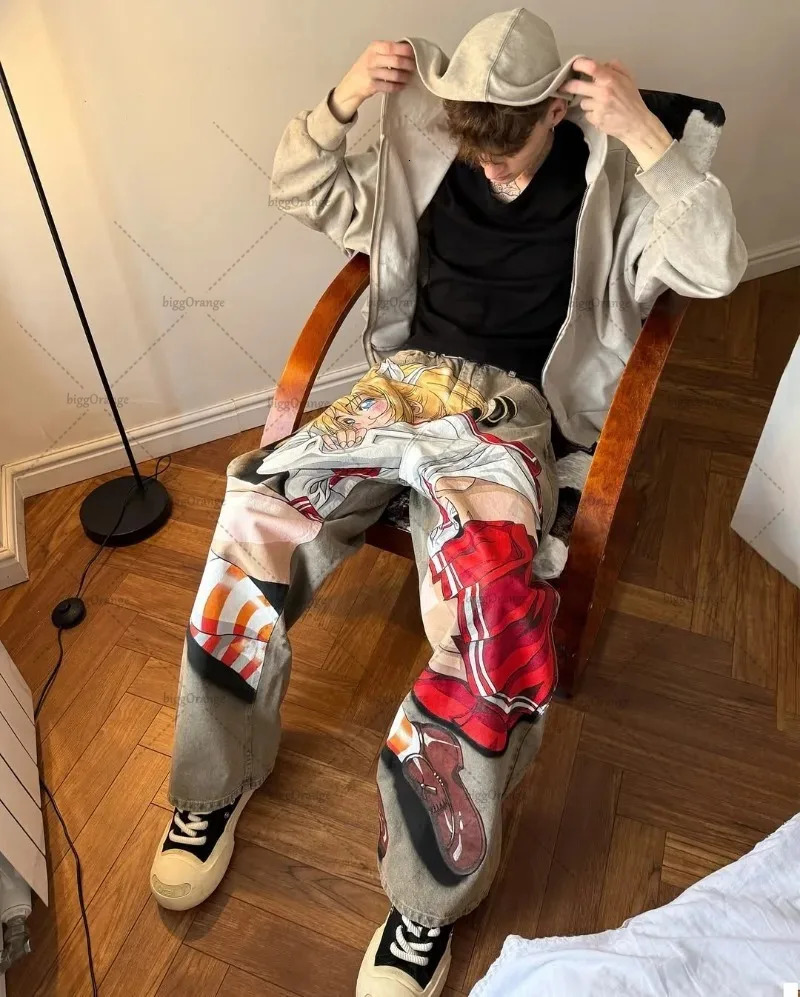 Y2K Hip-Hop Streetwear Graphics Pantaux Punk Animation Print Harajuku Baggy Jeans Men High Street Fashion Straight Pantals Femmes 250818
